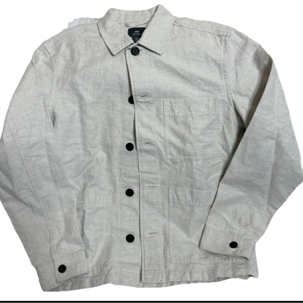 H&M Jacket Woman Small  Tan Linen Blend Utility Blazer Pocket Minimalist Capsule